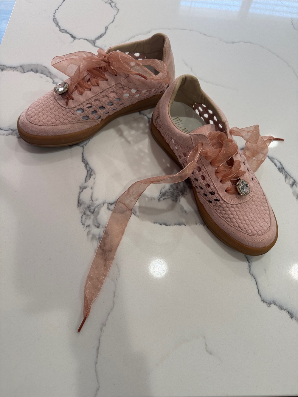 Miracle Miles Blush Pink Suede Woven Sneakers with Organza Ribbon Laces